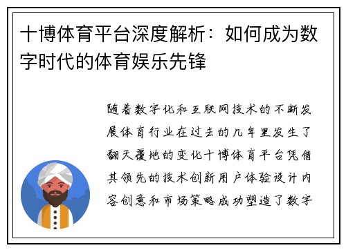 十博体育平台深度解析：如何成为数字时代的体育娱乐先锋
