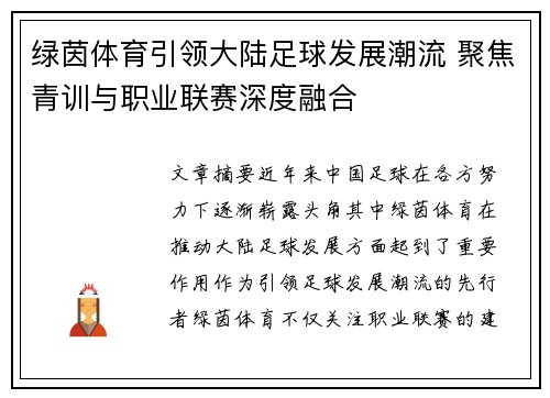 绿茵体育引领大陆足球发展潮流 聚焦青训与职业联赛深度融合
