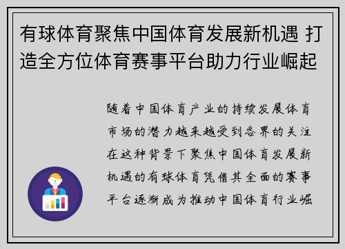 有球体育聚焦中国体育发展新机遇 打造全方位体育赛事平台助力行业崛起
